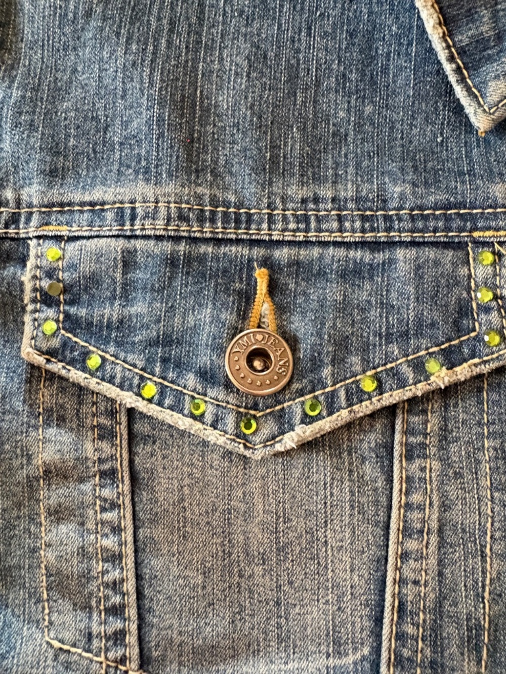 Vintage Y2K YMI Cropped Denim Jacket Green Rhinestone Bling Size L - Picture 13 of 14